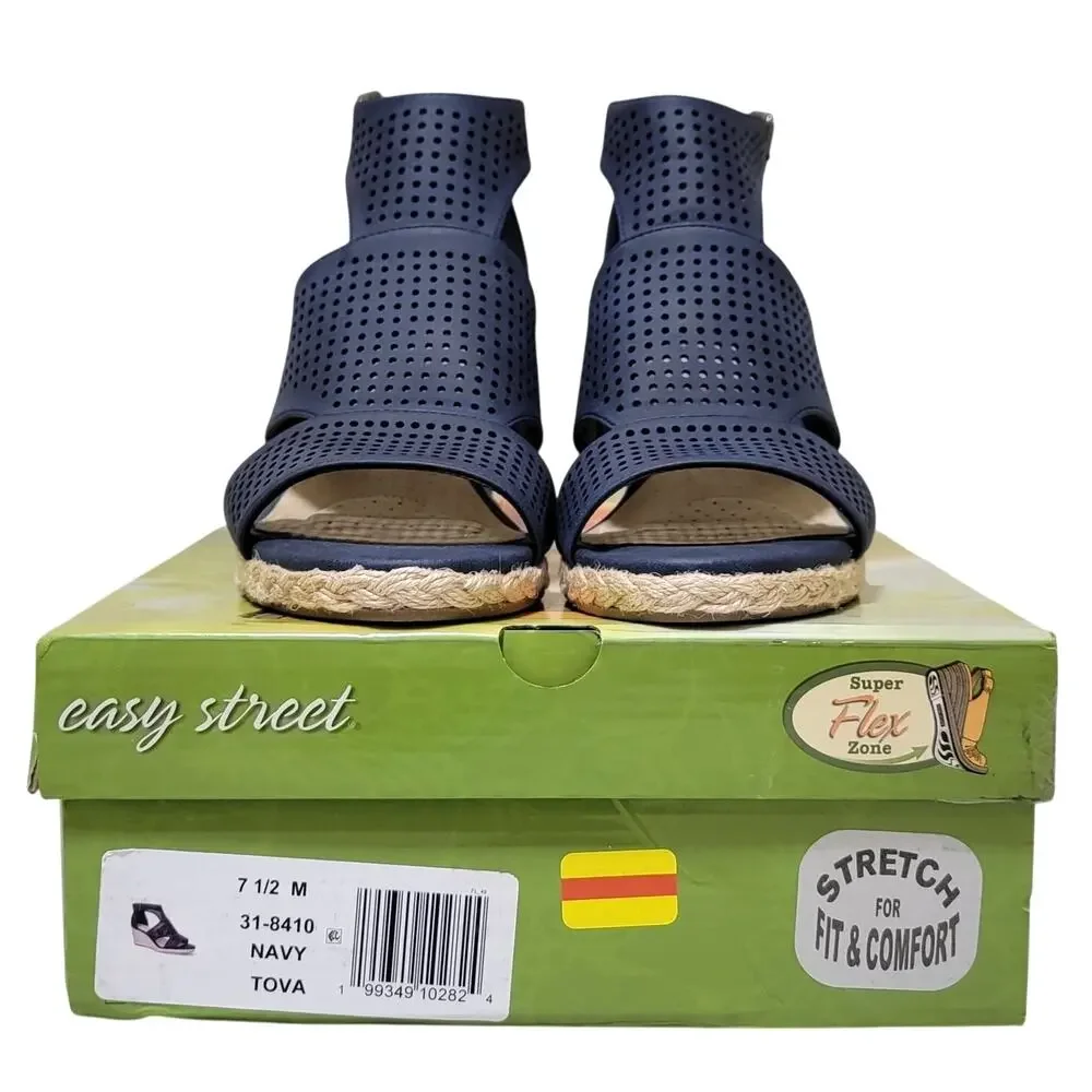 Easy Street Women Tova Caged Espadrille Wedge Sandals Size US 7.5M Navy Blue